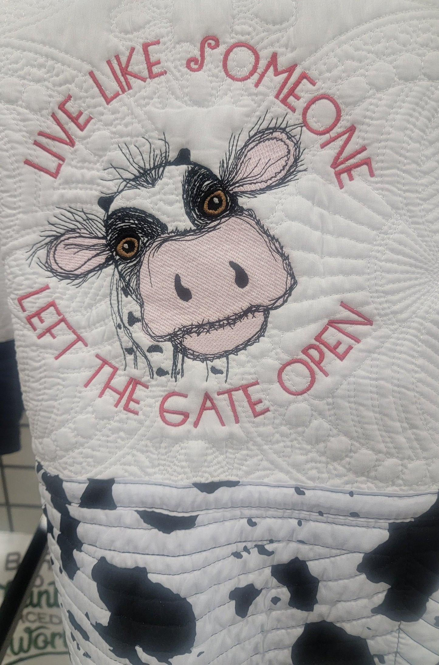 Quilt with Cow with "Live Like Someone Left the Gate Open" Embroidery for Baby Infant Toddler Youth Childwarm heirloom quilt blanket.