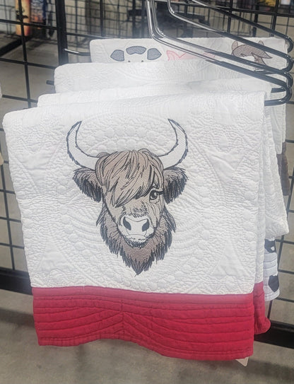 Quilt with Highland Cow Embroidery  for Baby, Infant Toddler, Youth Child cotton, cozy warm heirloom quilt blanket