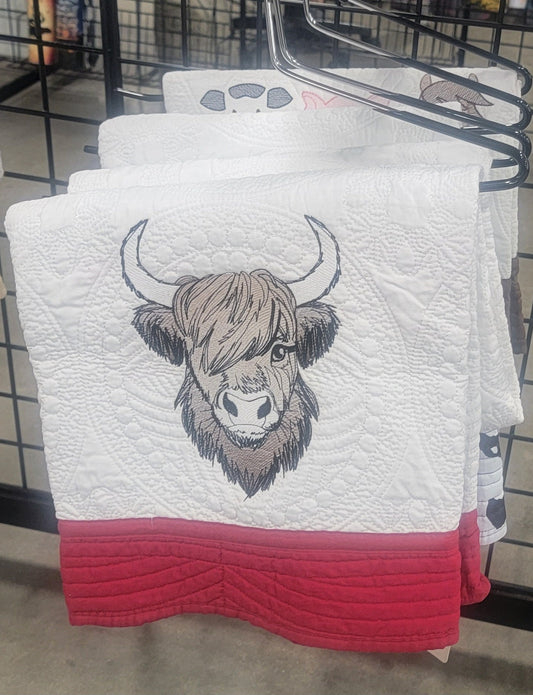 Quilt with Highland Cow Embroidery  for Baby, Infant Toddler, Youth Child cotton, cozy warm heirloom quilt blanket