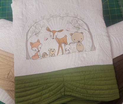 Quilt with Woodland Animals Embroidery for Baby, Infant Toddler, Youth Child cotton, cozy warm heirloom quilt blanket personalized.
