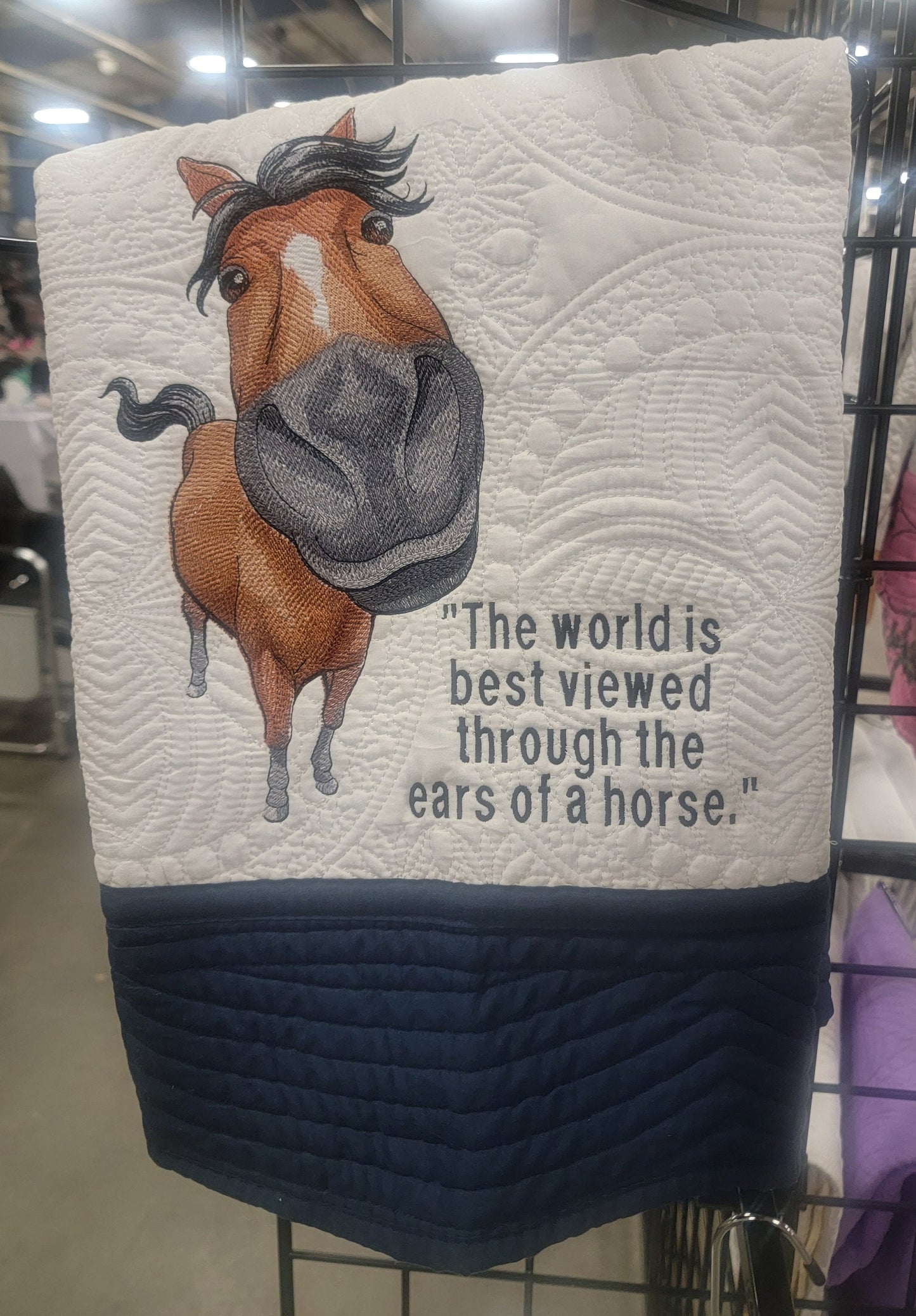Quilt with Horse and saying "The World is best viewed through the ears of a Horse"  for a Youth or Adult horse lover warm quilt blanket.