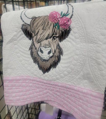 Quilt with Highland Cow with Flowers Embroidered for Baby, Infant Toddler, Youth Child cotton, cozy warm heirloom quilt blanket