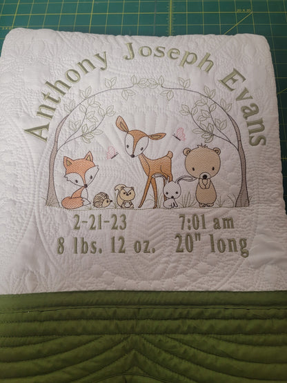 Quilt with Woodland Animals Embroidery for Baby, Infant Toddler, Youth Child cotton, cozy warm heirloom quilt blanket personalized.