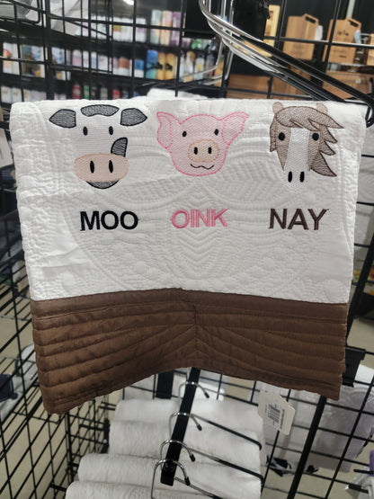 Quilt with Farm Animals Embroidered on a cozy warm cotton heirloom quilt