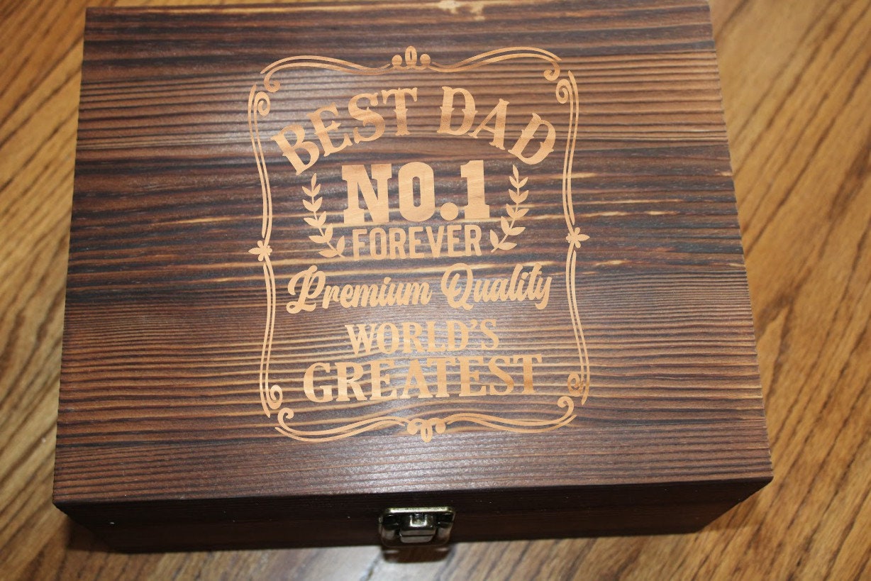 Best Dad Personalized Boxed Whiskey Gift Set for Male Birthday, Father's Day, Christmas, Valentines Day, Anniversary, Groomsman Gift in a Wooden Box