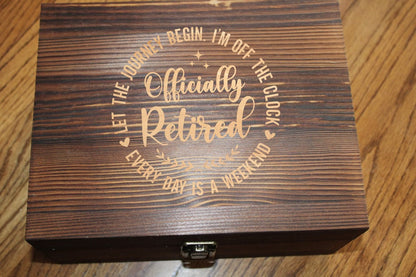 Officially Retired Personalized Boxed Whiskey Gift Set for Retirement Gift in a Wooden Box