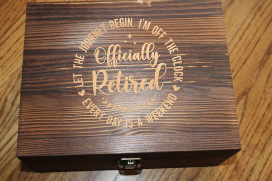 Officially Retired Personalized Boxed Whiskey Gift Set for Retirement Gift in a Wooden Box