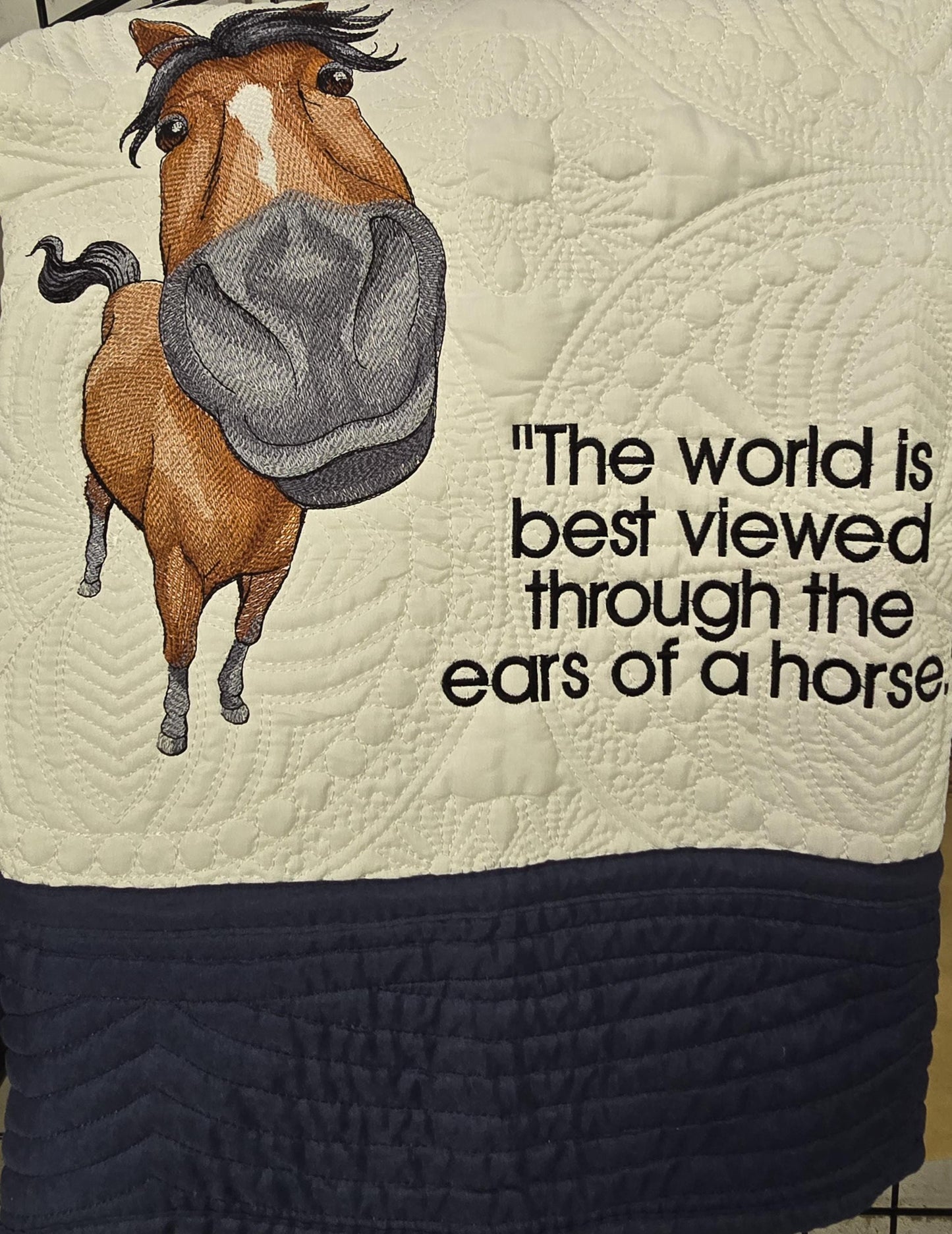 Quilt with Horse and saying "The World is best viewed through the ears of a Horse"  for a Youth or Adult horse lover warm quilt blanket.