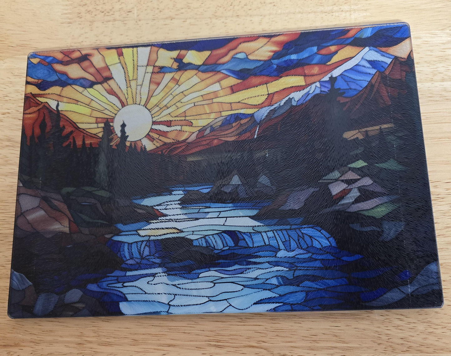 River Sunrise Stained Glass Look Tempered Glass Cutting Board