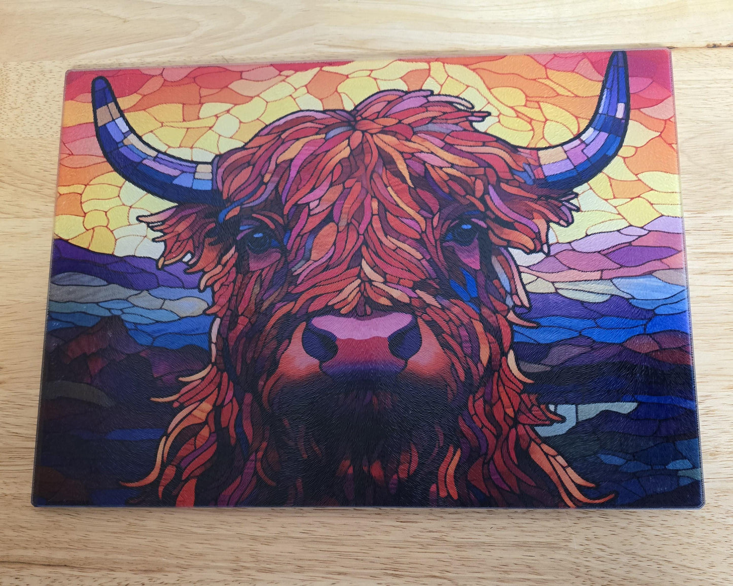 Highland Cow Stained Glass Look Tempered Glass Cutting Board
