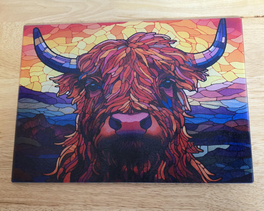 Highland Cow Stained Glass Look Tempered Glass Cutting Board