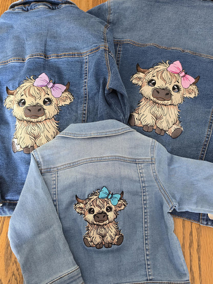 Highland Cow Embroidered Girl's Denim Jacket