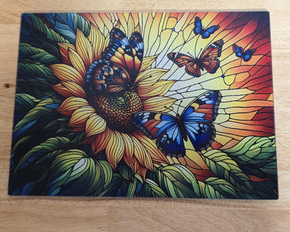 Sunflower and Butterflies Tempered Glass Cutting Board