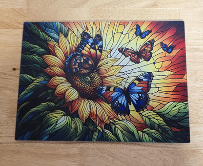 Sunflower and Butterflies Tempered Glass Cutting Board