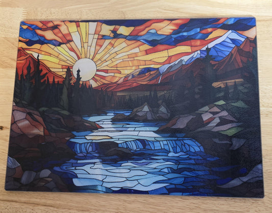 River Sunrise Stained Glass Look Tempered Glass Cutting Board